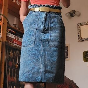 Manoush blue roses mid lenght jeans skirt - size 2